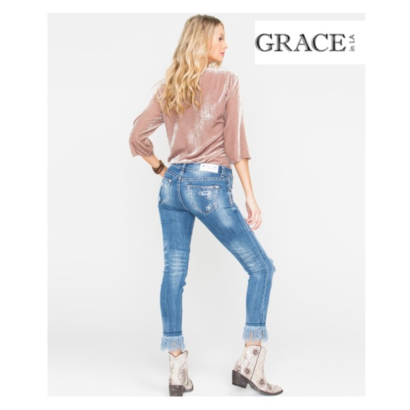 Grace in LA Denim - Grace in LA Frayed Hem Destructed Skinny Jeans